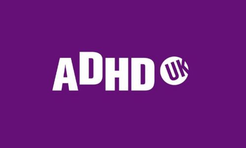 ADHD UK - logo. White text in bold capital letters, on a purple background.