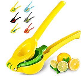 A bright yellow and green handheld metal citrus juicer designed for squeezing lemons and limes effortlessly.
