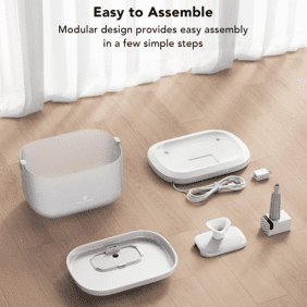 Disassembled pet water fountain showcasing easy-to-assemble parts.