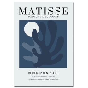 A framed print inspired by Matisse’s abstract style features a deep navy blue botanical design with a crescent moon, adding an artistic and calming touch to any room.