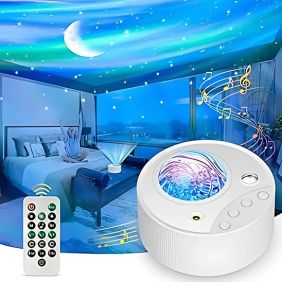 A galaxy star projector with a remote control, casting a dreamy night sky projection in a bedroom with blue and green aurora-like effects.
