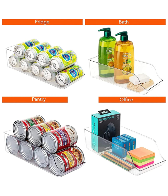 Multi-purpose clear storage organizers used for cans, toiletries, pantry items, and office supplies, demonstrating their versatility.