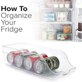 : A clear plastic fridge organizer designed specifically for neatly storing beverage cans.