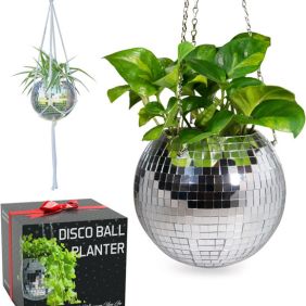 A hanging disco ball planter with a green pothos plant, suspended by a chain, reflecting light in a stylish and decorative way.