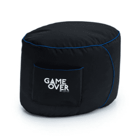 Another angle of the black gaming footstool with blue trim and storage pocket for accessories.