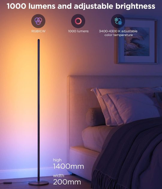 A tall LED floor lamp with customizable color settings, creating a cozy atmosphere.