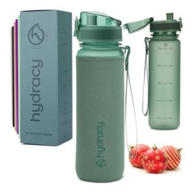 A set of Hydracy water bottles in a muted green shade, featuring a leak-proof lid and an included sleeve for insulation, with fresh fruit placed beside them.
