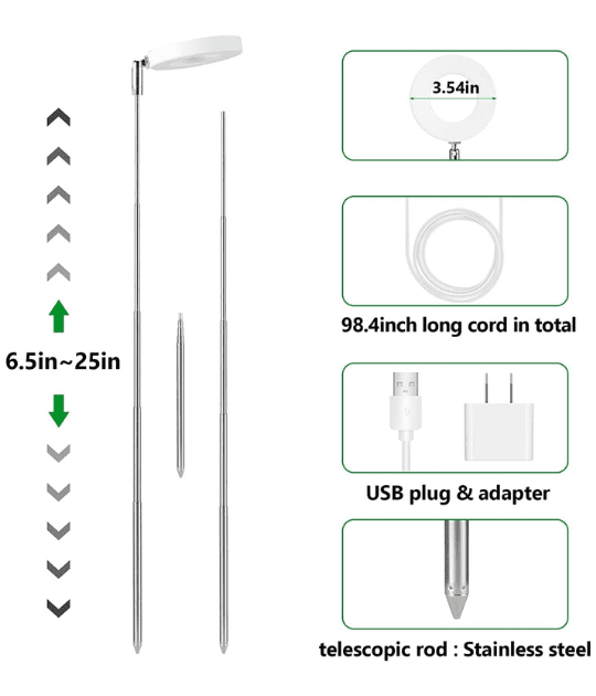 Diagram showing the adjustable height and plug options for the halo grow light.