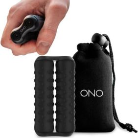 A black ONO roller fidget tool being held in a hand, accompanied by a black drawstring carrying pouch, used for stress relief and focus.