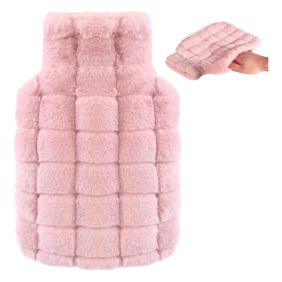 A soft pink plush hot water bottle with a matching knitted cover and a small hand warmer, designed for warmth and comfort.