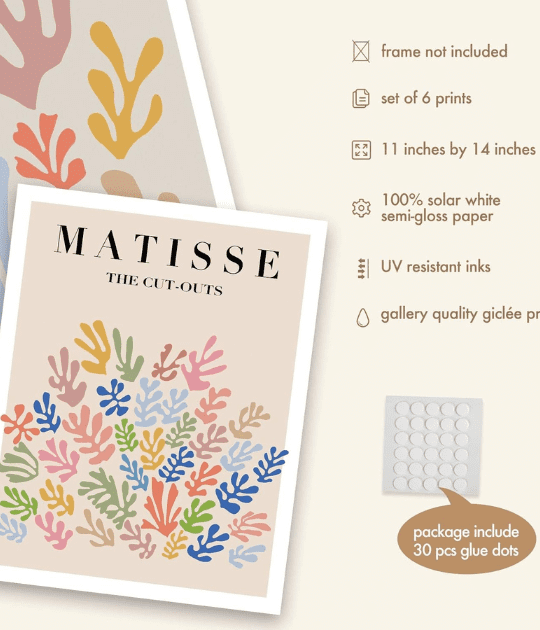 A packaging close-up reveals details about the set of six botanical prints, emphasizing their high-quality printing and gallery-style paper.