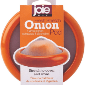 Joie Onion Pod with branding, showcasing its airtight and reusable design for onion storage.