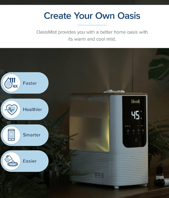a humidifier in a dimly lit room, emphasizing its multiple functions, including a timer, humidistat, and aroma diffusion. The sleek digital display adds a modern touch.