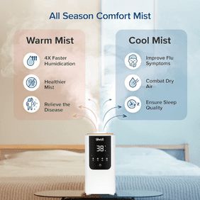 a smart humidifier with options for warm and cool mist, designed for year-round use. It highlights various benefits such as congestion relief, sinus comfort, and improved sleep.