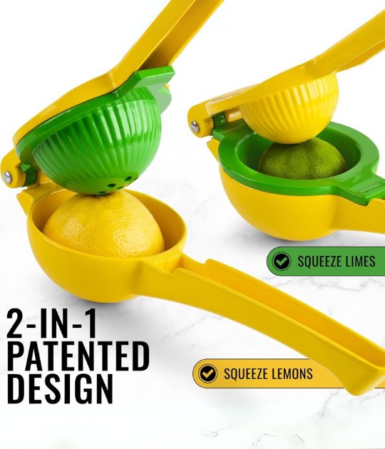 Close-up of the Zulay 2-in-1 lemon lime squeezer in action, showcasing its patented dual-bowl design for efficiently squeezing citrus fruits.