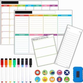 A set of four colorful magnetic whiteboard planners, including monthly, weekly, and daily planning sheets, along with markers and erasers.
