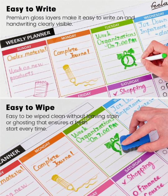 Colorful 4-pack magnetic whiteboard planner with handwritten tasks. A person writes with a red marker, while another erases with a blue cloth, highlighting its easy-to-write and wipe features. Text emphasizes benefits for ADHD and family organization.