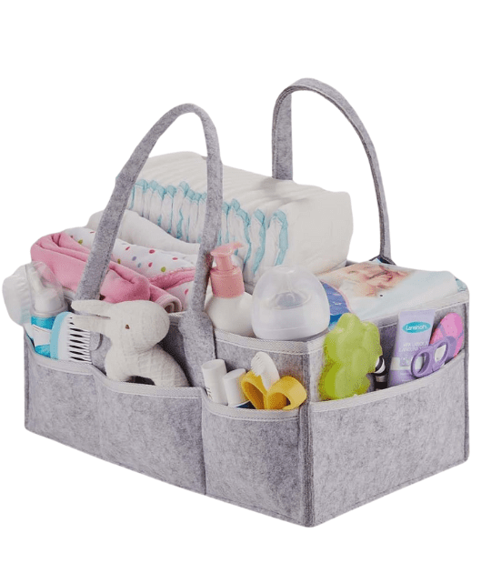 A well-organized diaper caddy with multiple compartments, neatly holding diapers, bottles, and baby care products.