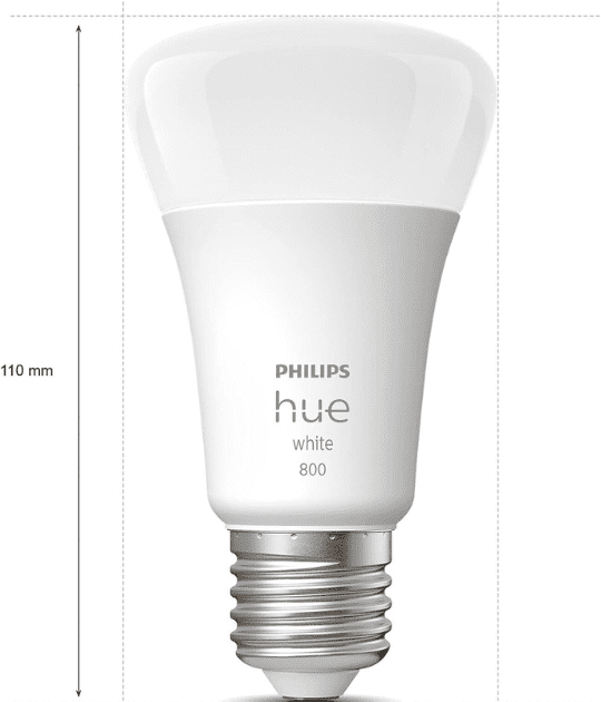 Close-up of a Philips Hue bulb with size dimensions.