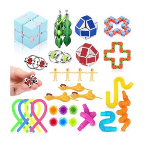 A collection of fidget toys, including a cube puzzle, stretchy noodles, wacky tracks, monkey noodles, pop tubes, and various sensory-friendly items, displayed in bright colors.