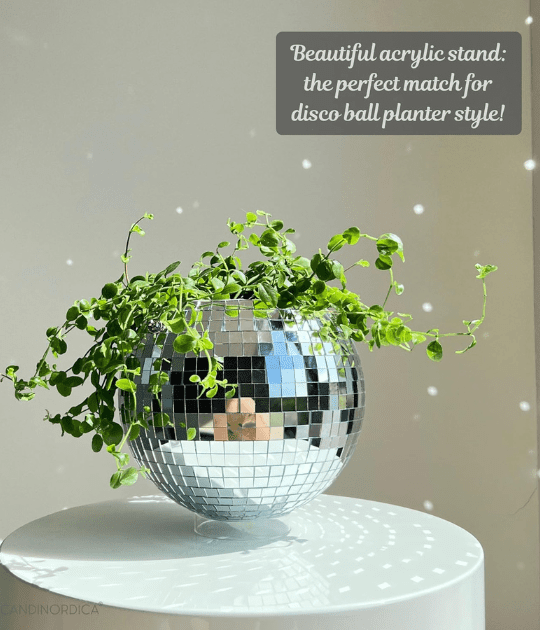 Close-up of a disco ball planter with trailing plants, placed on a table.