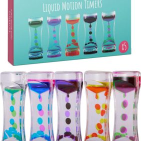 Packaged set of five liquid motion timers, highlighting their calming effects.