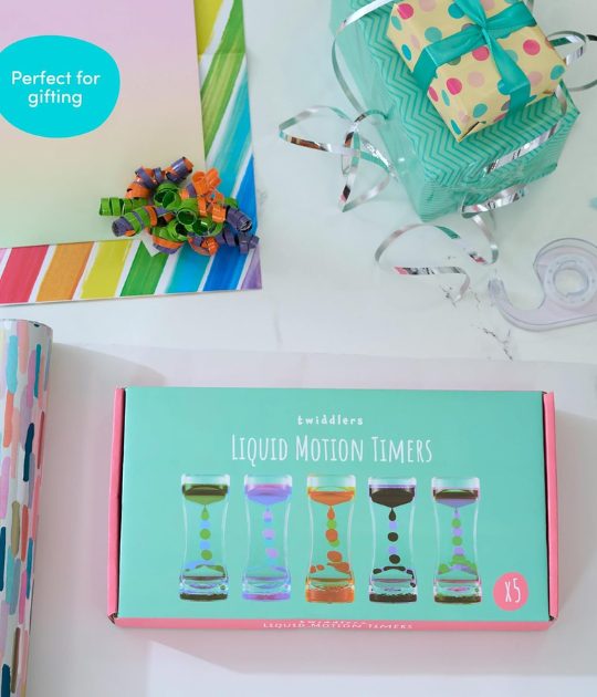 A colorful setup featuring liquid motion timers, ideal for stress relief.