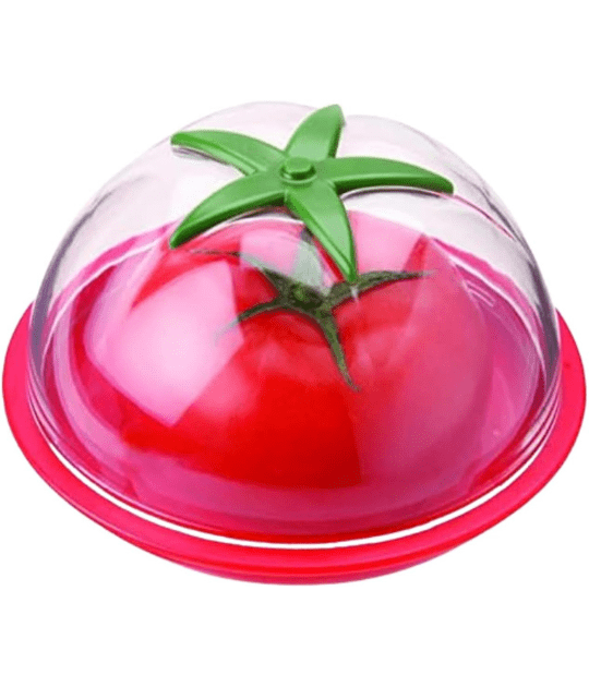 Joie Tomato Pod – a red plastic storage container shaped like a tomato with a clear lid, designed to keep cut tomatoes fresh.