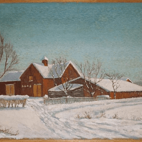 A winter landscape painting featuring a rustic farmhouse covered in snow, set against a clear blue sky. The scene captures the tranquility of a countryside during winter.