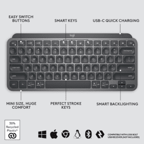 Feature breakdown of the wireless keyboard, including smart keys and USB-C charging.