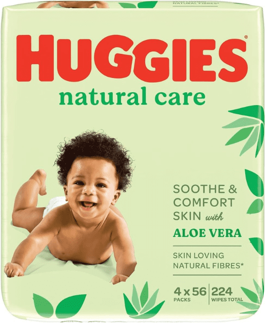 A large pack of Huggies Natural Care baby wipes featuring a smiling baby and aloe vera benefits on a green packaging.