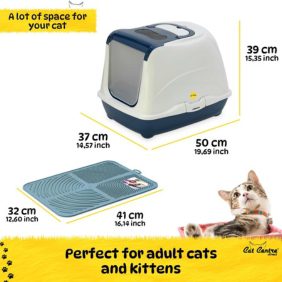 A labeled diagram displaying the dimensions of the cat litter box, showing how spacious and comfortable it is for adult cats and kittens.