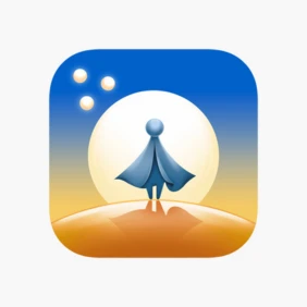 A blue and yellow app icon featuring a silhouetted figure standing on a glowing hill with two celestial bodies in the sky.