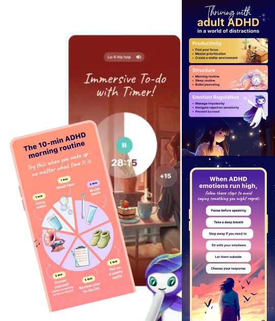 A promotional graphic showcasing the app's interface, including colorful in-app features and interactive elements.