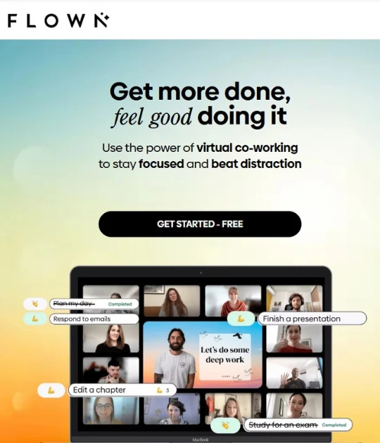 A promotional ad for a virtual productivity tool, featuring a laptop screen with multiple video call participants.