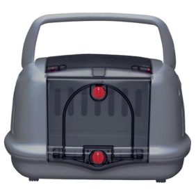 A rear view of the pet carrier, showcasing the sturdy handle and ergonomic design for easy transportation.