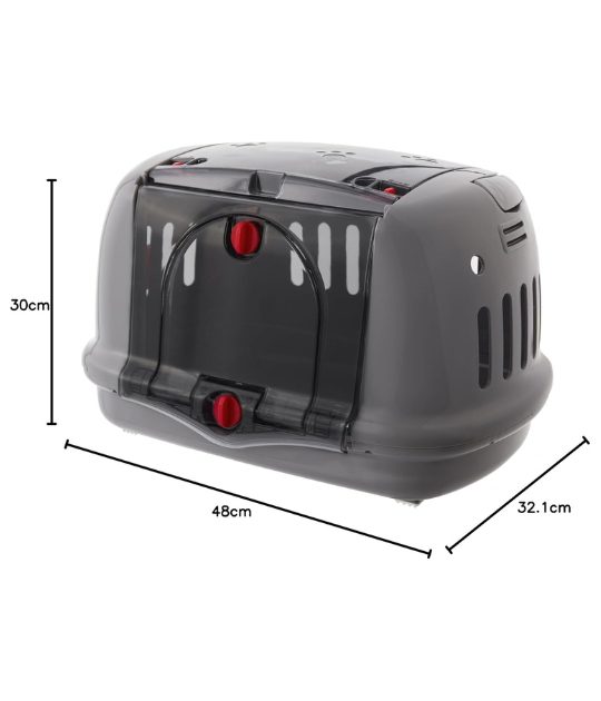 A black and gray pet carrier with a transparent door, shown with dimensions labeled for reference.
