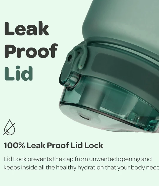 A close-up of the water bottle's secure, leak-proof lid highlights its innovative design, ensuring spill-free hydration on the go.