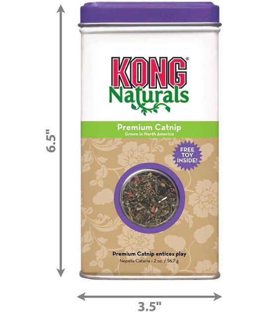 A tin container of KONG Naturals premium catnip with a measurement label indicating its 6.5-inch height. The product is made for feline enjoyment.