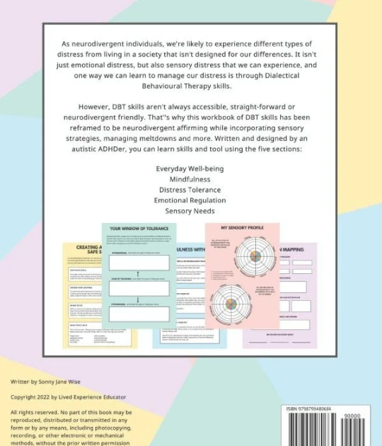A close-up of the workbook’s back cover displays detailed descriptions of its contents, including practical DBT (Dialectical Behavior Therapy) exercises tailored for neurodivergent individuals, alongside diagrams and sample worksheets.