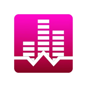 A pink and white app icon featuring an equalizer symbol with a downward zigzag line.