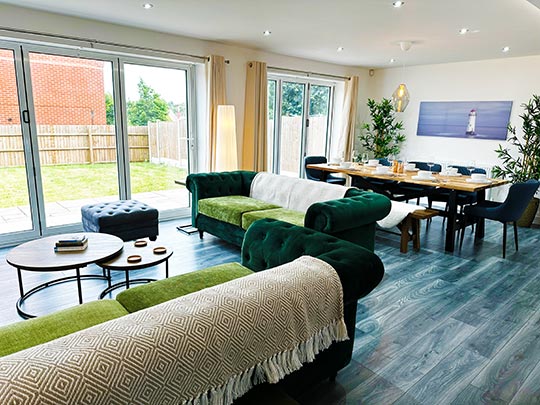 A grouping of three images - one photo, showing a bright and contemporary open plan sitting and dining area